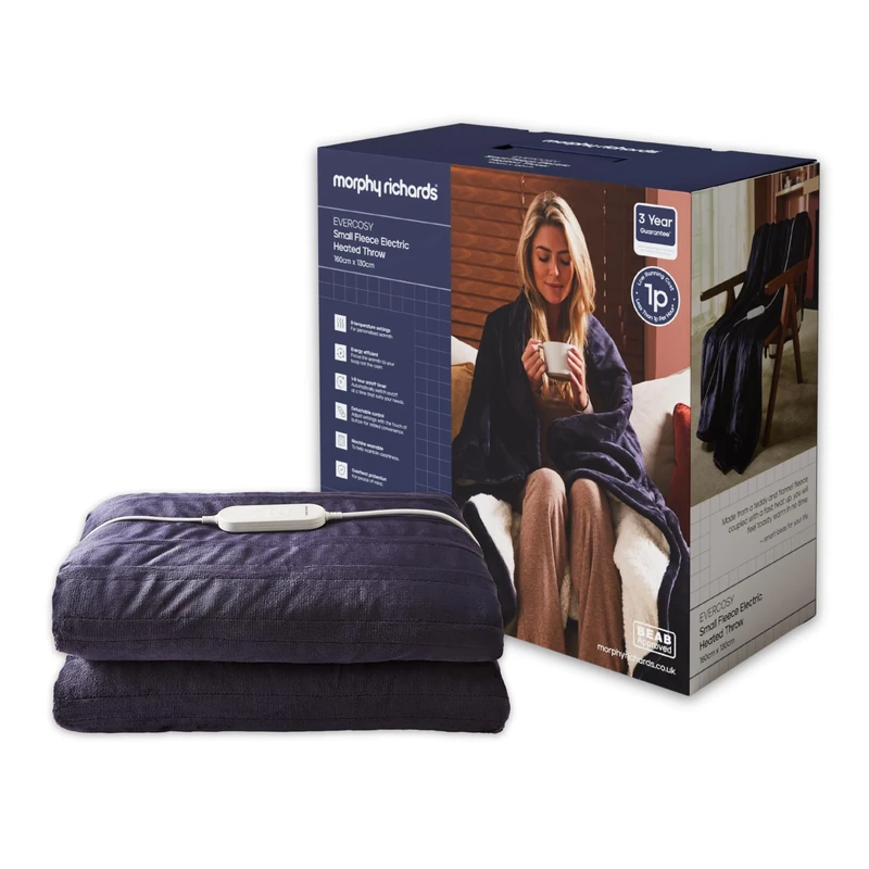 Morphy Richards EverCosy Fleece Electric Heated Throw Small, 160x130cm, 9 Heat Settings, Detachable, Teddy Fleece and Flannel Fleece, Overheat Protection, 610002, Navy