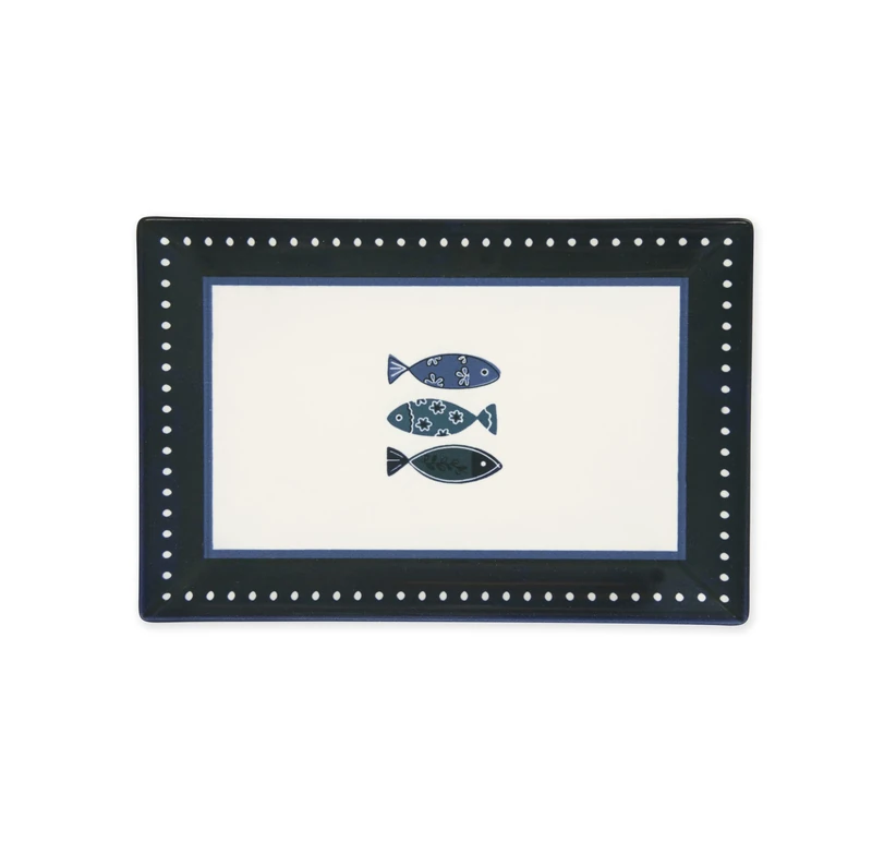 Excelsa Ocean Set of 6 Rectangular Ceramic Plates, Blue Fish Decoration, 30 x 20 cm - Image 1