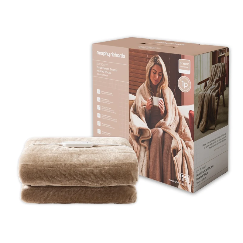 Morphy Richards EverCosy Fleece Electric Heated Throw Small, 160x130cm, 9 Heat Settings, Detachable, Teddy Fleece and Flannel Fleece, Overheat Protection, 610003, Mocca