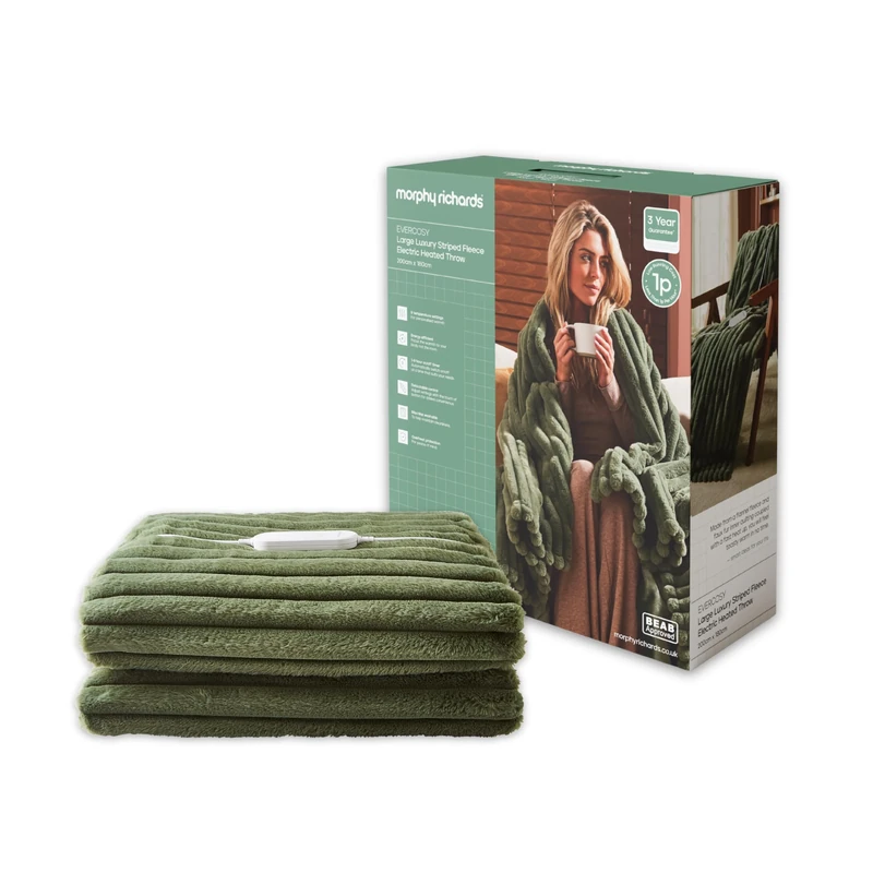 Morphy Richards EverCosy Luxury Striped Fleece Electric Heated Throw, 200x180cm, 9 Heat Settings, Detachable, Teddy and Flannel Fleece, Overheat Protection, Auto Shut Off, 610104