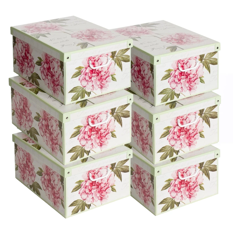 Lavatelli Set of 6 Storage Boxes Peonies Print with Lids & Handles, Cardboard Wardrobe Organisers for Clothes, Stackable Storage Bins 39x50x24 cm
