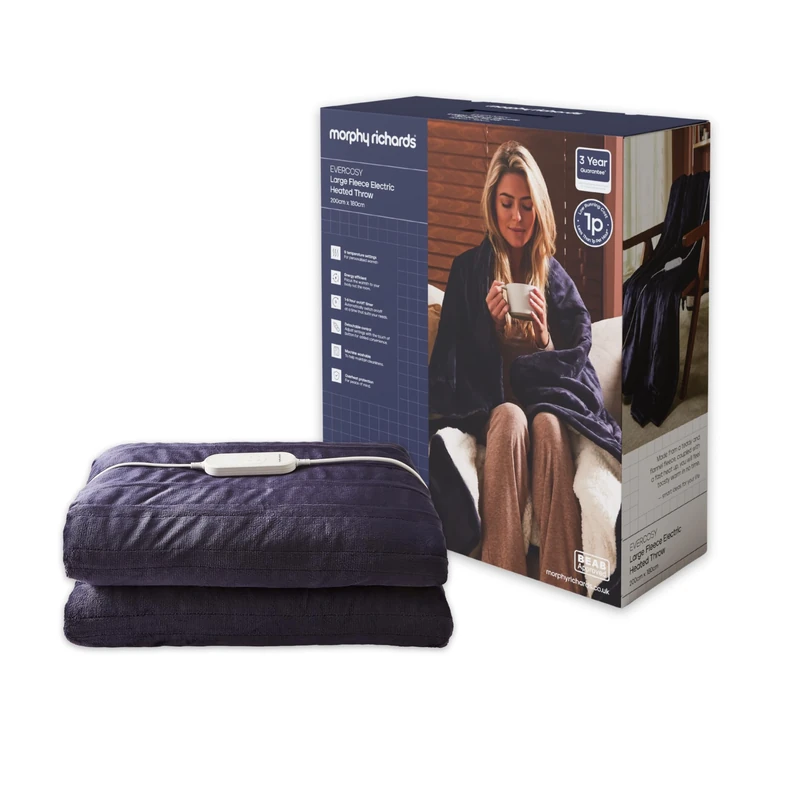 Morphy Richards EverCosy Fleece Electric Heated Throw Large, 200x180cm, 9 Heat Settings, Detachable, Teddy Fleece and Flannel Fleece, Overheat Protection, 610005