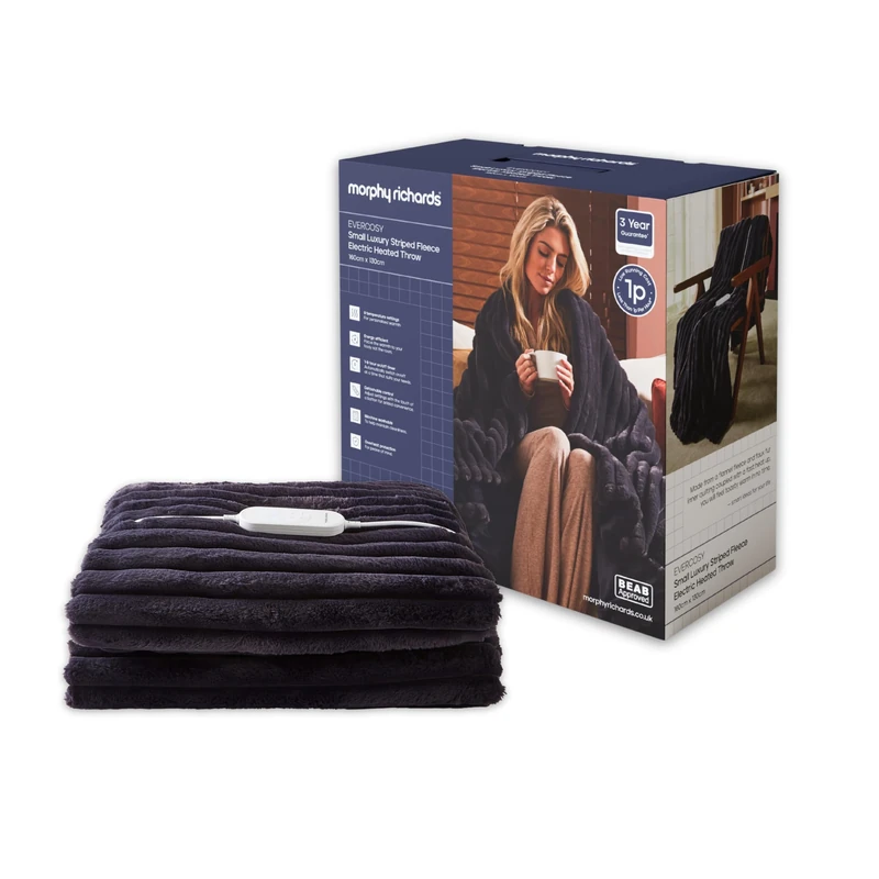 Morphy Richards EverCosy Luxury Striped Fleece Electric Heated Throw, 160x130cm, 9 Heat Settings, Detachable, Teddy and Flannel Fleece, Overheat Protection, Auto Shut Off, 610102