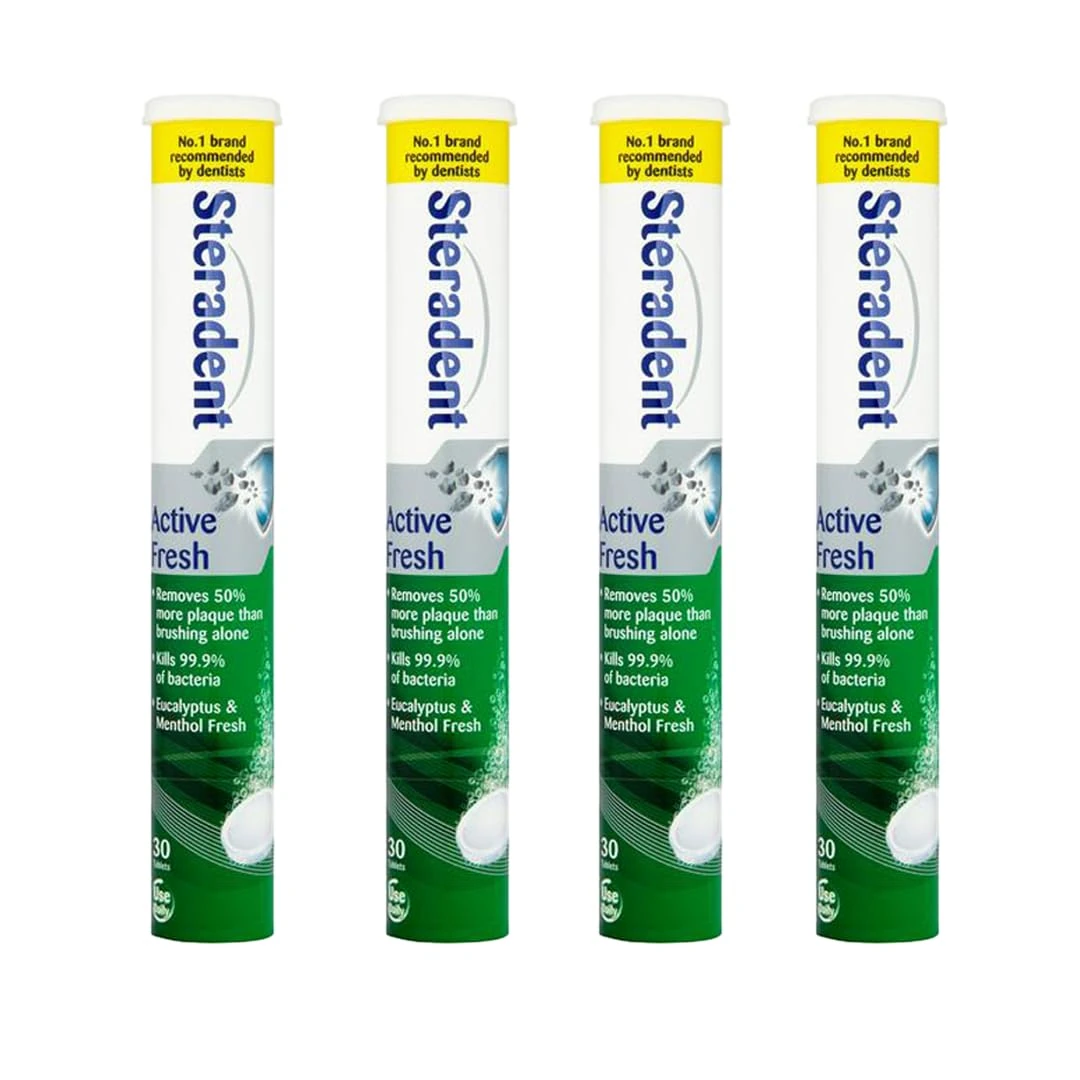 4 Pack Active Fresh Denture Cleaning Tablets - 120 Tablets, False Teeth Cleaner, Retainer, Denture & Mouth Guard Sterilising Tablets, Multipack Bundle for Fresh Hygiene and Stain Removal