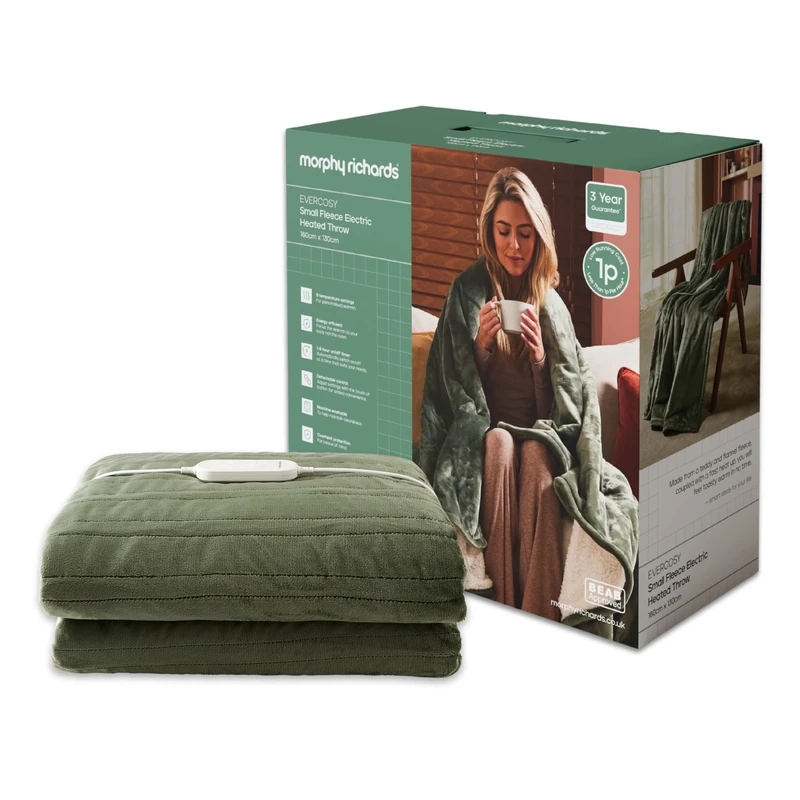 Morphy Richards EverCosy Fleece Electric Heated Throw Small, 160x130cm, 9 Heat Settings, Detachable, Teddy Fleece and Flannel Fleece, Overheat Protection, 610001, Green