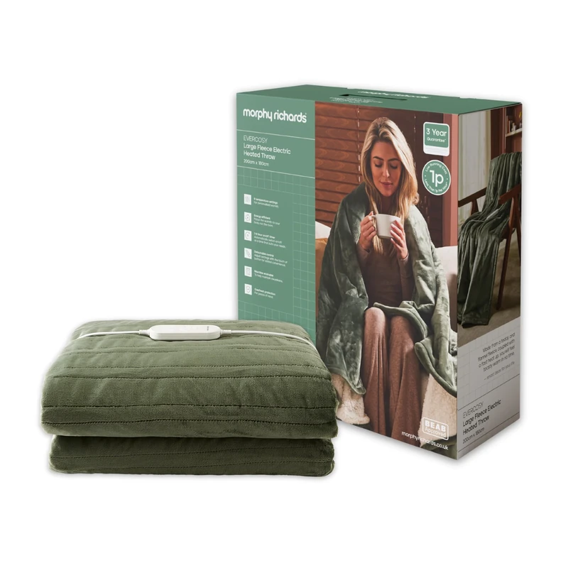 Morphy Richards EverCosy Fleece Electric Heated Throw Large, 200x180cm, 9 Heat Settings, Detachable, Teddy Fleece and Flannel Fleece, Overheat Protection, 610004, Green