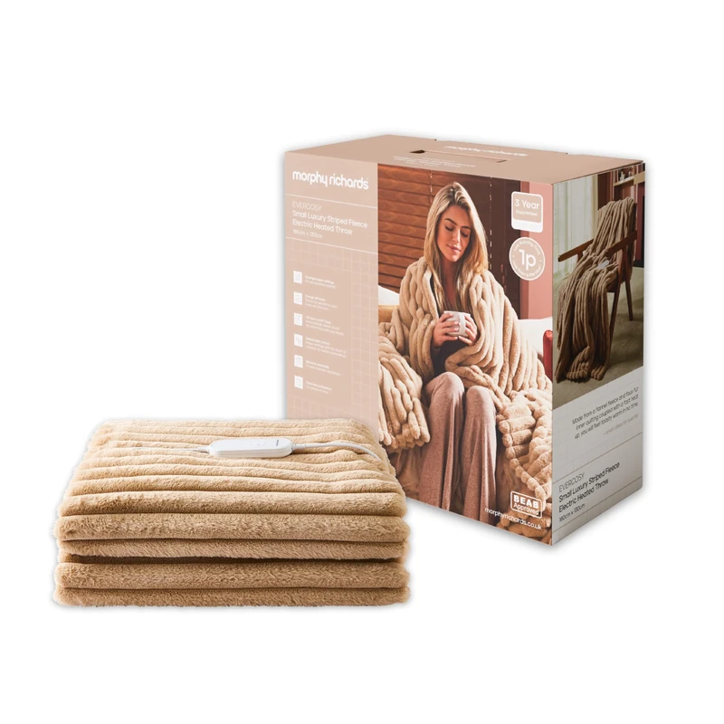 Morphy Richards EverCosy Luxury Striped Fleece Electric Heated Throw, 160x130cm, 9 Heat Settings, Detachable, Teddy and Flannel Fleece, Overheat Protection, Auto Shut Off, 610103