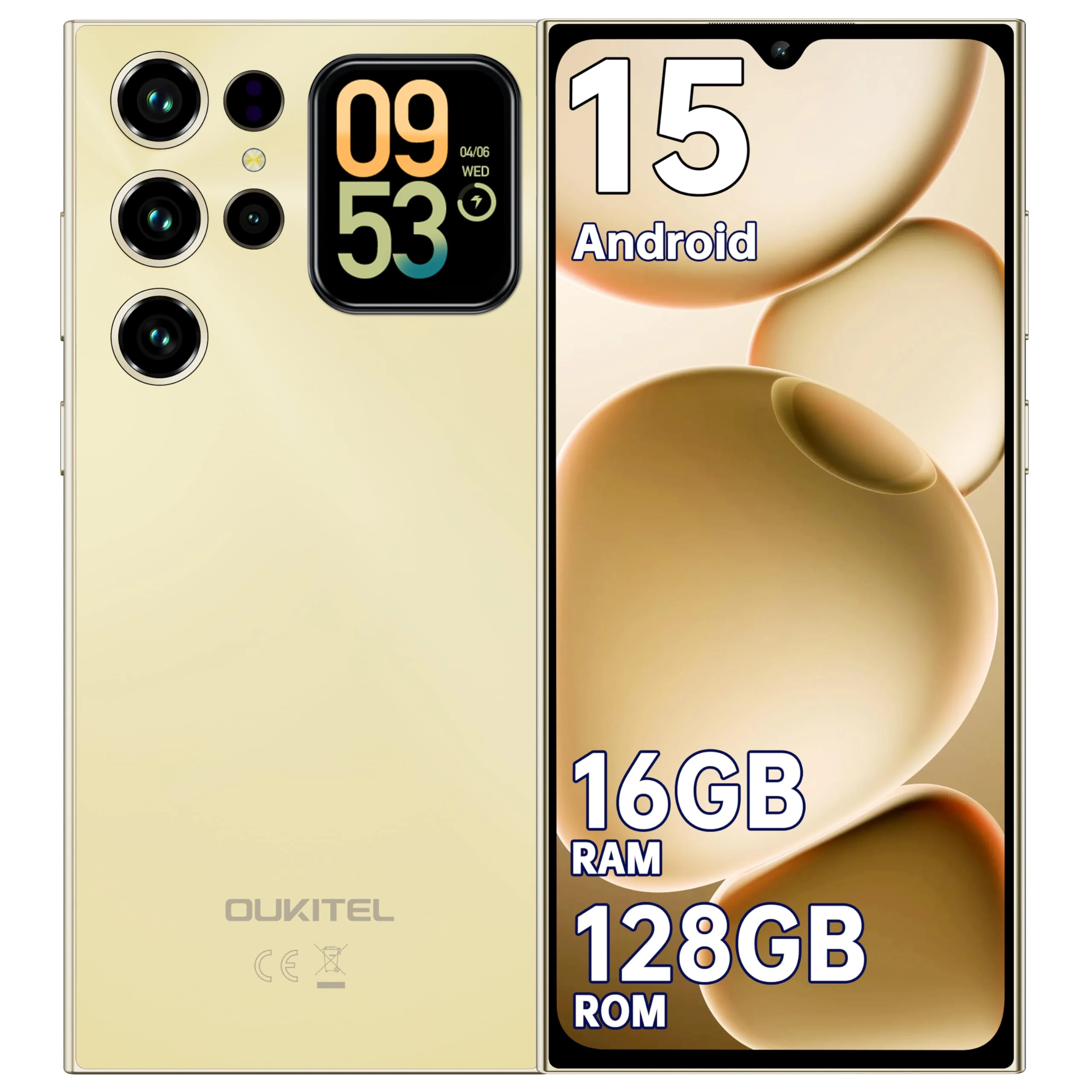 OUKITEL C62 Mobile Phones 2025 - Android 15, 6.88" Smart phone, 16GB+128GB/1TB, 5150mAh Battery Phone, 13MP Camera, 4G Dual SIM-Free & Unlocked Mobile Phones, Fingerprint/Face Unlock/GPS/BT5.0, Gold