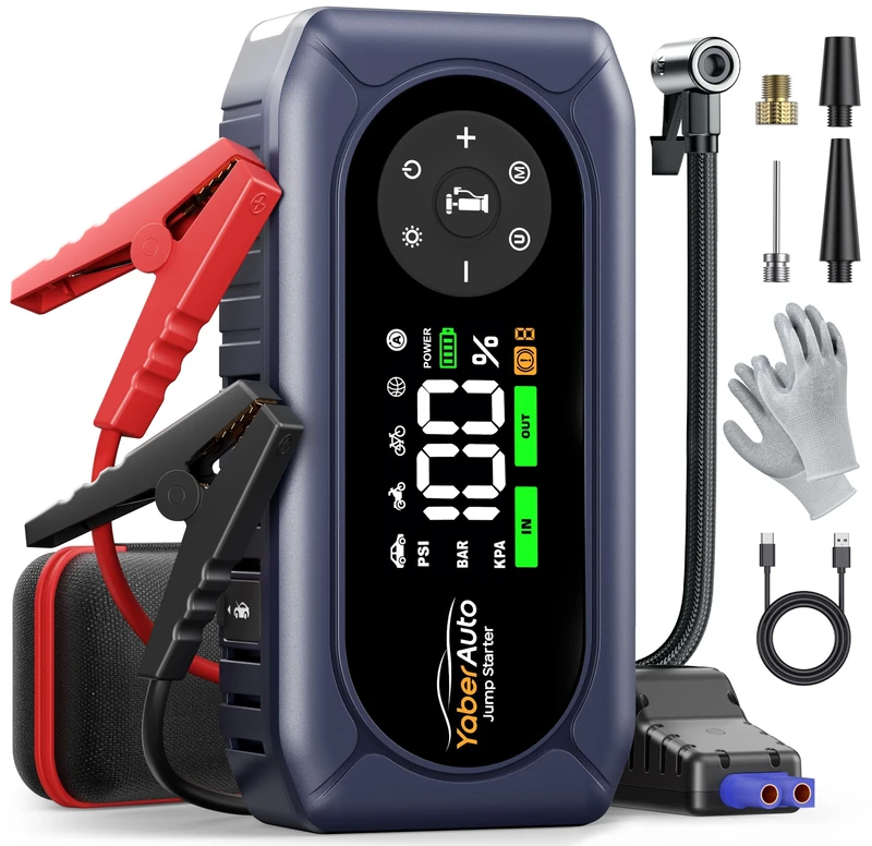 9-in-1 Jump Starter Power Pack with Air Compressor 150PSI, YaberAuto 4500A Car Battery Booster Jump Starter for 9L Gas/8L Diesel, Car Starter Power Bank with Jump leads, Insulated Gloves, 500 Lumens