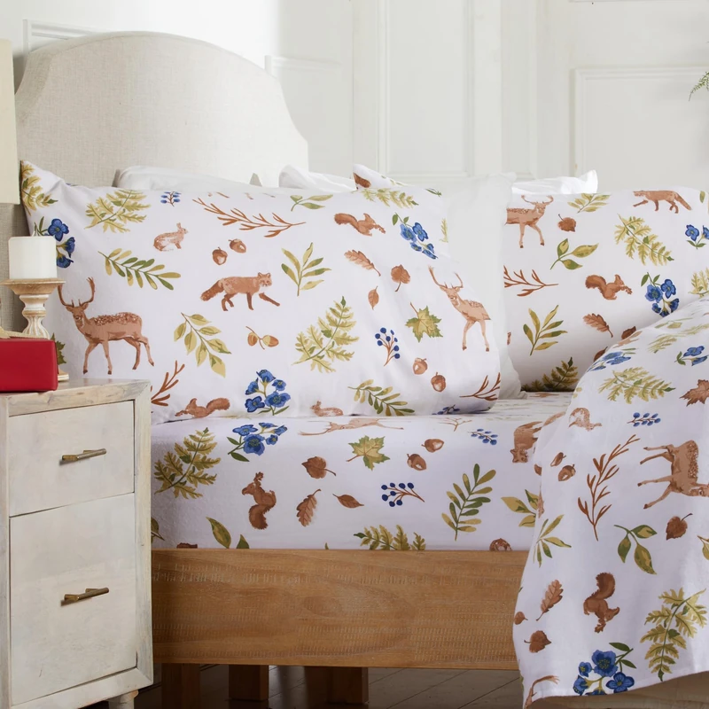 Market & Place 100% Cotton King Flannel Sheet Set | 4 Piece Deep Pocket Novelty Cozy Winter Bed Sheets | Double Brushed for Extra Softness & Comfort | Alpine Collection (King, Woodland Forest)