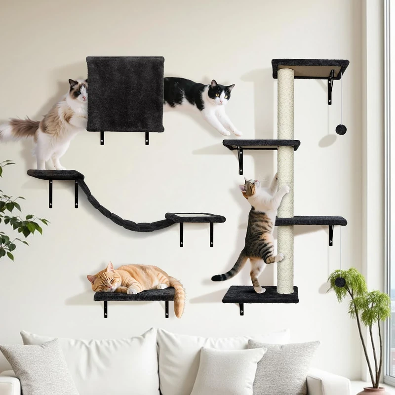OZD Cat Wall Shelves, 10-Piece Set Wall Mounted Cat Furniture with Scratching Posts, 4-in-1 Modern Climbing Frame for Indoor Cats, DIY Activity Centre for Kittens, Black, Up to 10 Lbs