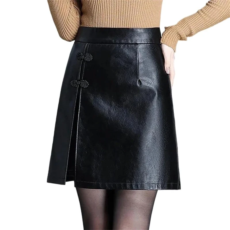Women's Elegant High-Waisted Pu Leather Skirt, Hip-Wrap Mini Skirt Black XXL
