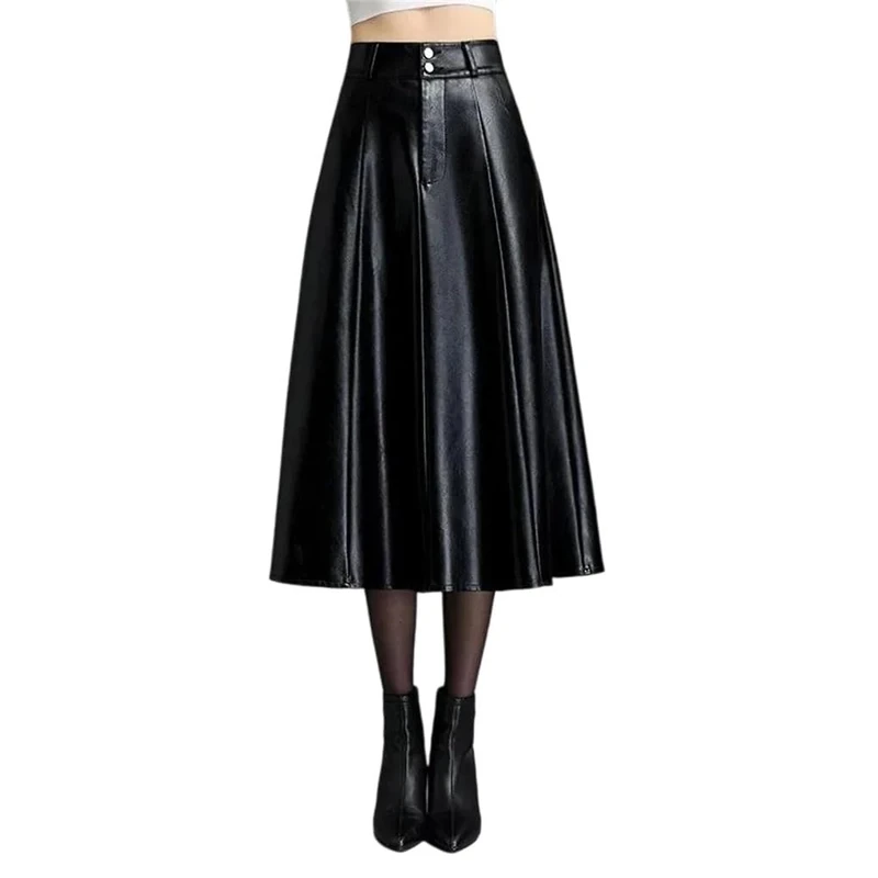 Women's Pu-Resistant Leather A-Line Mini Skirt, High-Waisted, Midi-Length Wrap Skirt Black 4XL