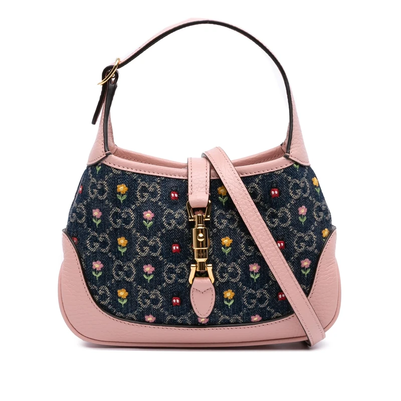 Gucci Pre-Loved Limited Edition Mini GG Denim Embroidered Floral Jackie 1961 Crossbody