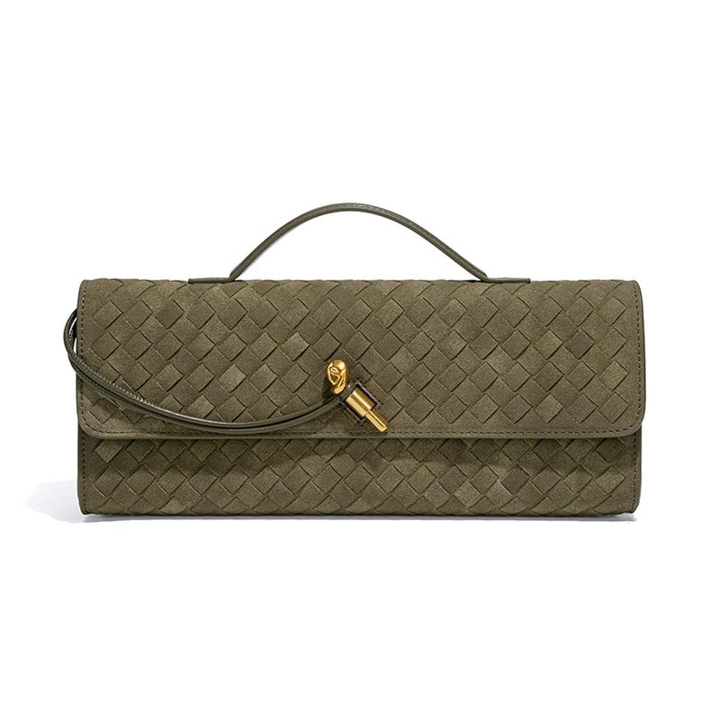 JYG Suede Woven Handbag for Women Trendy Evening Shoulder Bag Casual Clutch Purse Crossbody Satchel with Metal Buckle 2025, Olive Green-1