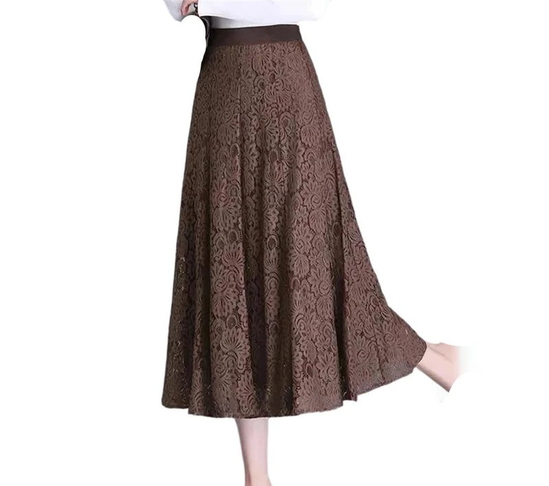 Women's High-Waisted Lace Mini Skirt, Mesh Elastic Waist Midi Skirt Coffee One Size