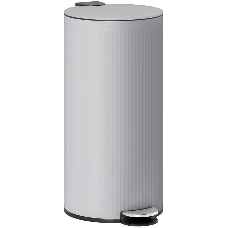 HOMCOM Kitchen Trash Can 30L Metal Pedal Bin with Removable Inner Bucket, Soft Close Lid and Hold Open Trash Can for Kitchen, Office, Home, Light Grey