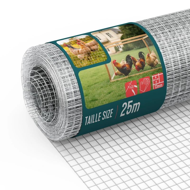 VOUNOT® Galvanised Welded Wire Mesh Roll 1 x 25m, 13mm Mesh, 0.7mm Wire Thickness, Metal Garden Fencing for Small Animals, Poultry, Chicken Coop, Grey