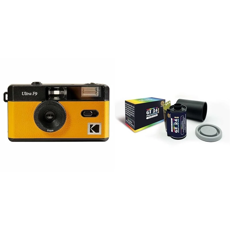 KODAK F9 - Rechargeable Camera Ultra F9-35mm - Yellow + GT PHOTO Color Retro Film 35mm - 24 Exposures