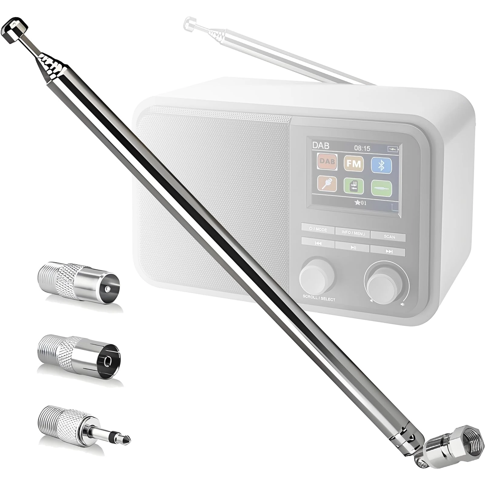 Kemowi 2025 Upgraded DAB Aerial - 30-Mile Reception, 4-Piece Set with 3 Adapters & 7-Section Telescopic Rod Digital Radio Antenna for FM Radio, Hifi Mini System and AV Stereo Receiver