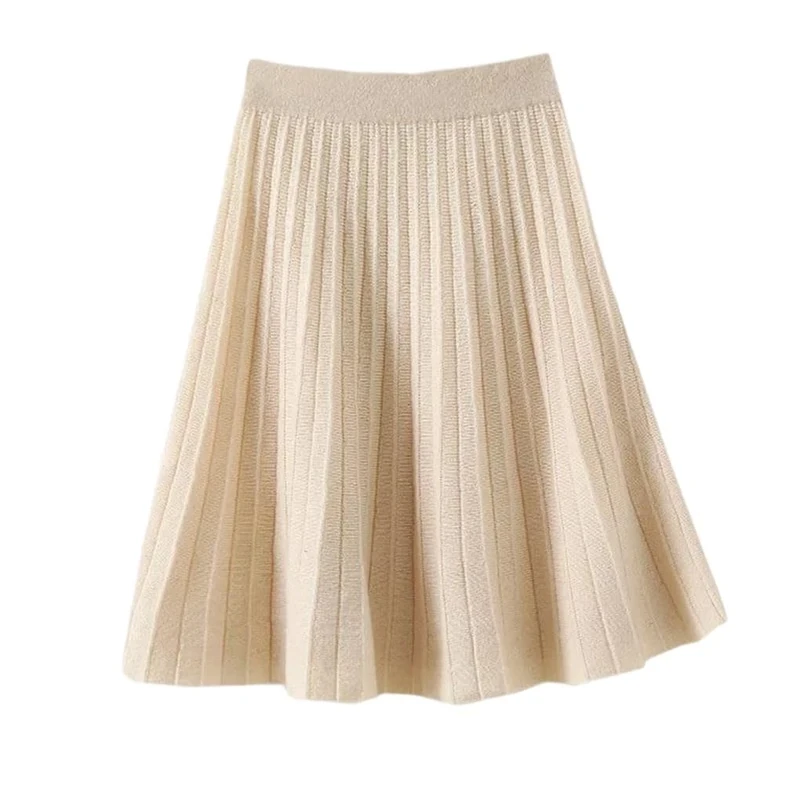 Women's Cashmere Knitted Short Ribbed Pleated Knit Elastic High Waist Mini Skirt Beige