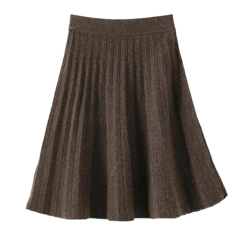 Women's Cashmere Knitted Short Ribbed Pleated Knit Elastic High Waist Mini Skirt Brown