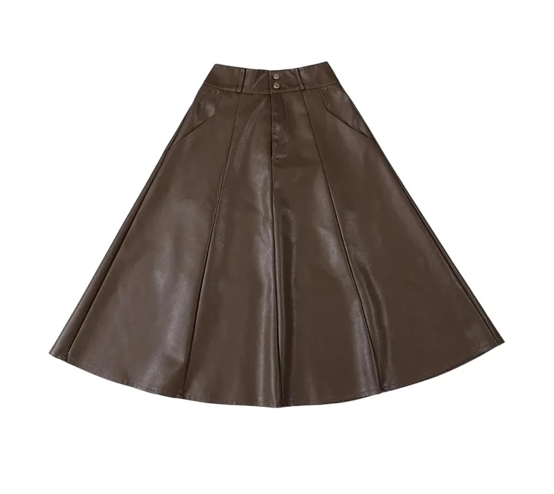 Women's Pu-Resistant Leather A-Line Mini Skirt, High-Waisted, Midi-Length Wrap Skirt Brown 4XL