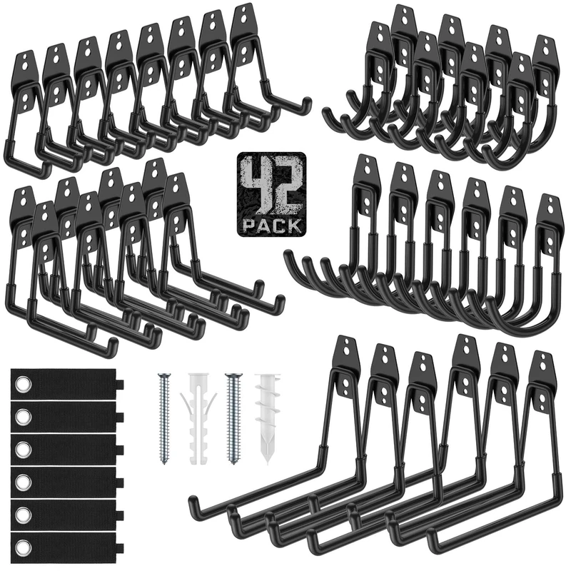 Cpais Garage Hooks with Anti-Slip Coating,Heavy Duty Wall Mount Storage Hooks for Hanging Bike,Hose,Ladder,Yard,Garden Tools (42 Pack Black)