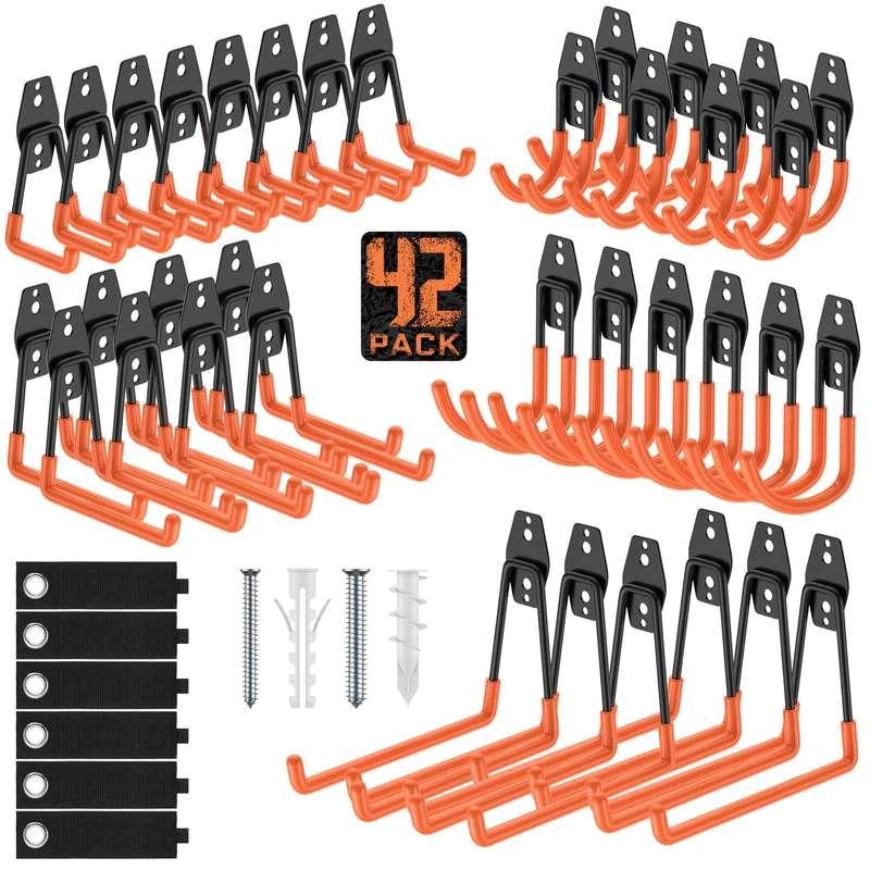 Cpais Garage Hooks with Anti-Slip Coating,Heavy Duty Wall Mount Storage Hooks for Hanging Bike,Hose,Ladder,Yard,Garden Tools (42 Pack Orange)