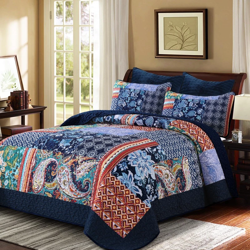DJY Patchwork Quilt Set California King Size Navy Blue Bedspread Boho Paisley Floral Pattern Quilt Bedding Set, 3 Pieces Blue Bohemian Soft Lightweight Cal King Coverlet for All Season 112''x96''