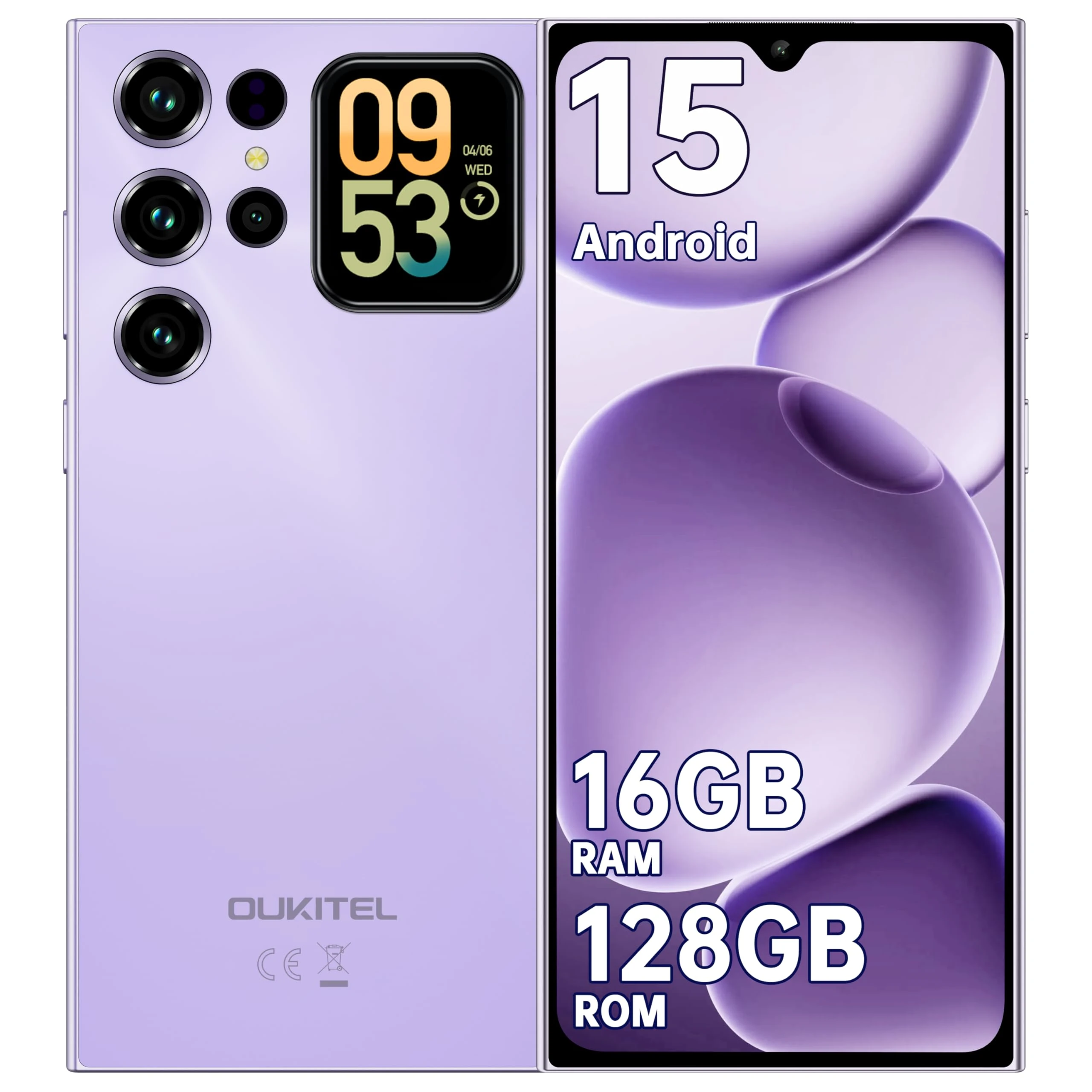 OUKITEL C62 Mobile Phones 2025 - Android 15, 6.88" Smart phone, 16GB+128GB/1TB, 5150mAh Battery Phone, 13MP Camera, 4G Dual SIM-Free & Unlocked Mobile Phones, Fingerprint/Face Unlock/GPS/BT5.0, Purple