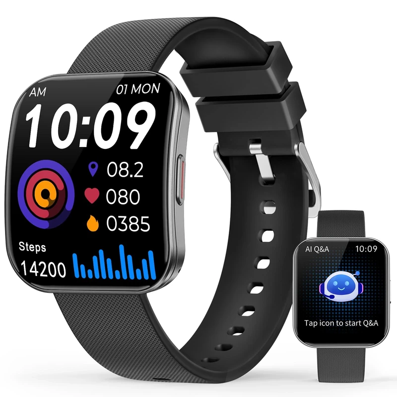 Smart Watch for Men Women, Bluetooth Calls, AI Dial, AI Q&A,1.85"HD AMOLED Curved Display Fitness Watch with Heart Rate/Sleep/SpO2/Stress Monitor, 110+ Sports Depth Waterproof Smartwatch, Matte Black
