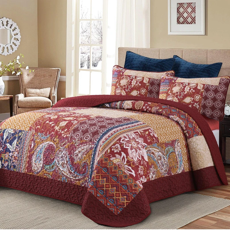 DJY Patchwork Quilt Set California King Size Red Bohemian Floral Paisley Quilt Bedding Set, 3 Pieces Boho Burgundy Vintage Bedspread Microfiber Reversible Cal King Coverlet for All Season 112''x96''