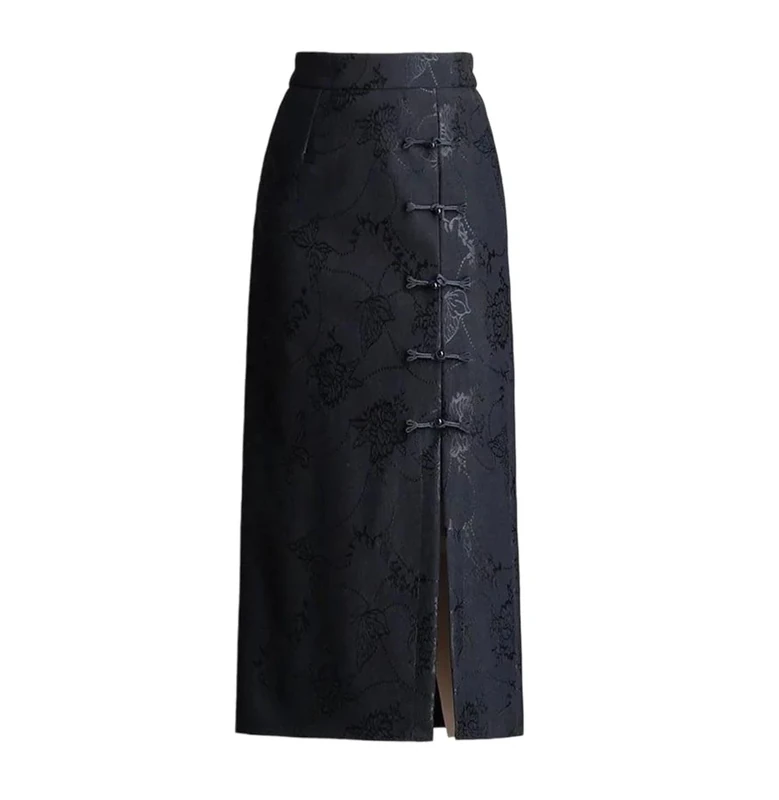Women's Vintage Print Mini Skirt, Slim-Fit Button Midi Skirt Black M