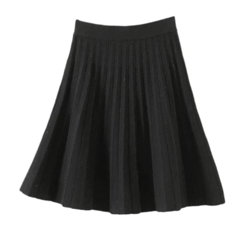 Women's Cashmere Knitted Short Ribbed Pleated Knit Elastic High Waist Mini Skirt Black