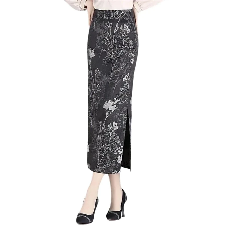 Women's High-Waisted Slim-Fit Floral Embroidered Mini Slit Skirt White 4XL