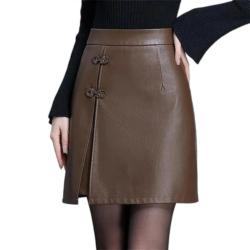Women's Elegant High-Waisted Pu Leather Skirt, Hip-Wrap Mini Skirt Brown XXL