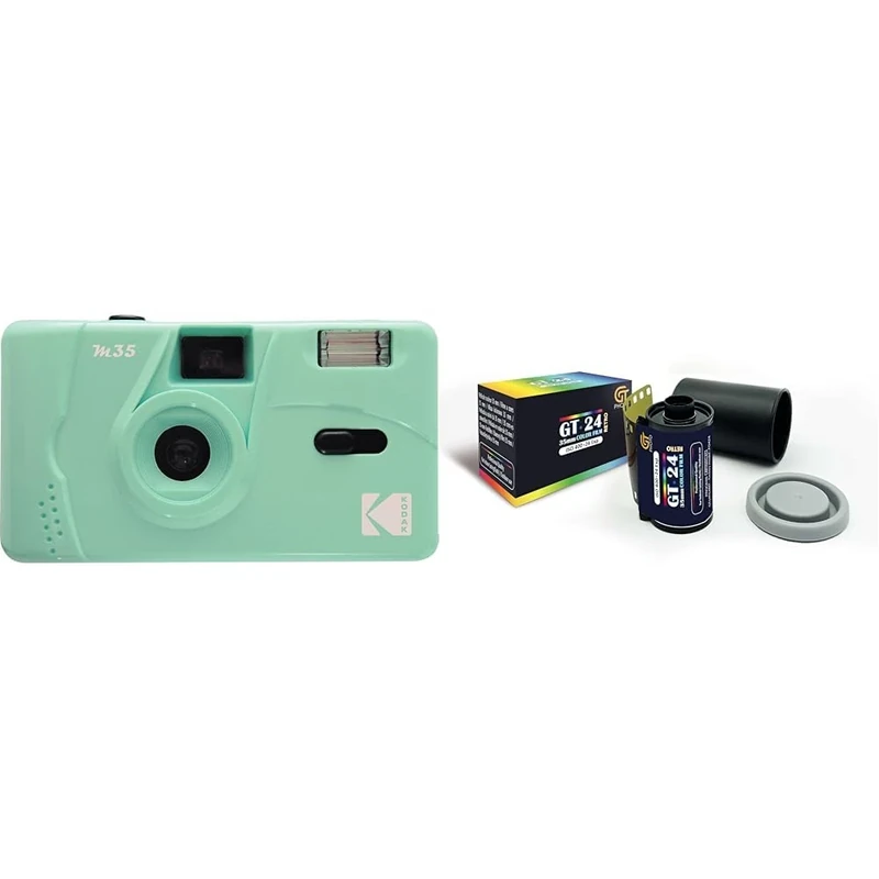 KODAK M35 DA00234 - Rechargeable Camera 35mm, Fixed Wide-Angle Lens, Optical Viewfinder, Built-in Flash, AAA Battery – Mint Green + GT PHOTO Color Retro Film 35mm - 24 Exposures