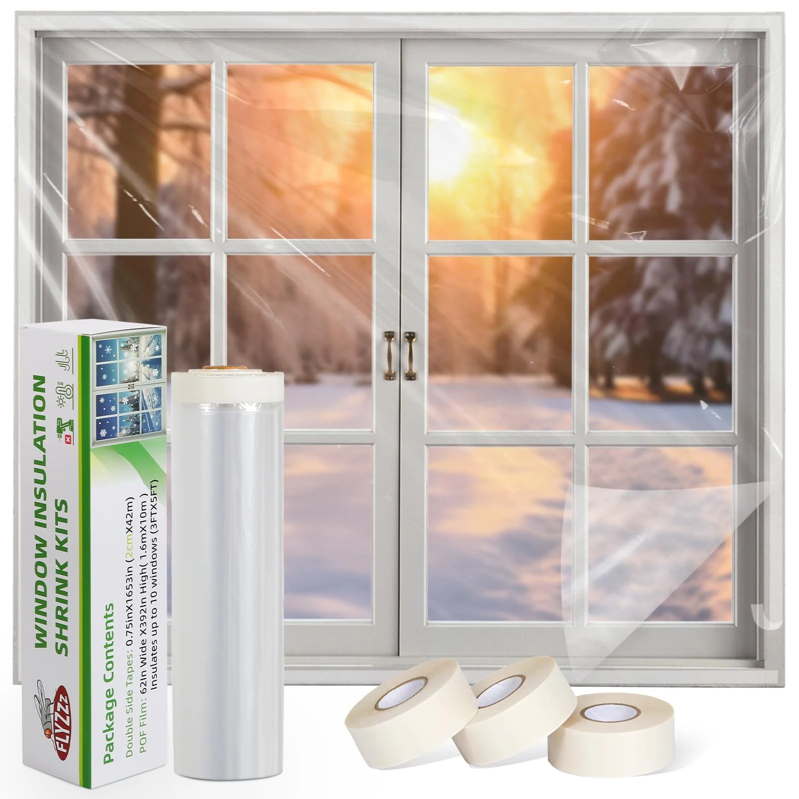 FLYZZZ Window Insulation Kit for Secondary Glazing Effect , 1.6x10m Window Insulation Film Indoor Thermal Window Film with Clean-Removal Tape for Blocking Draughts & Condensation