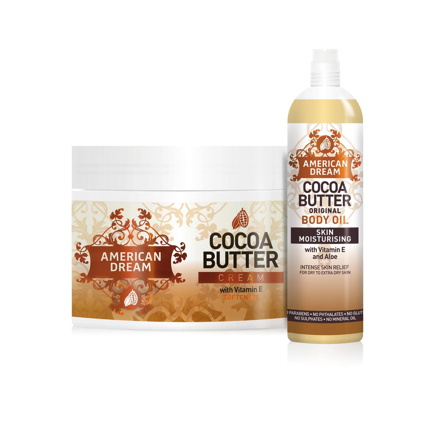 American Dream Cocoa Butter Skincare Set, Body Cream 500ml and Body Oil 200ml, with Vitamin E & Aloe for Dry to Extra Dry Skin