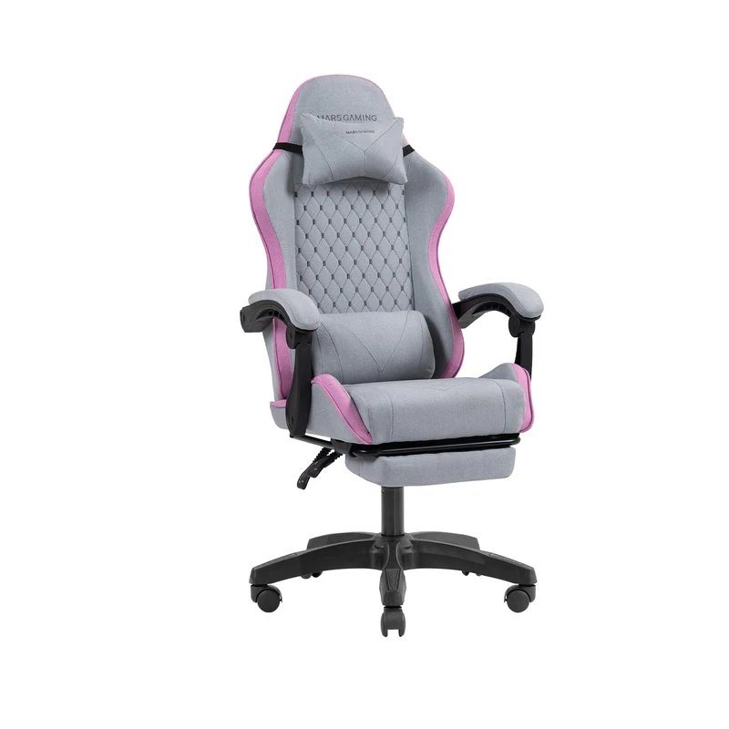Mars Gaming MGC-X, Ergonomic Gaming Chair, Breathable Fabric, Reclining Backrest and Adjustable Height, Dynamic Armrests, Cervical and Lumbar Cushions, Office Chair with Extendable Footrest, Pink