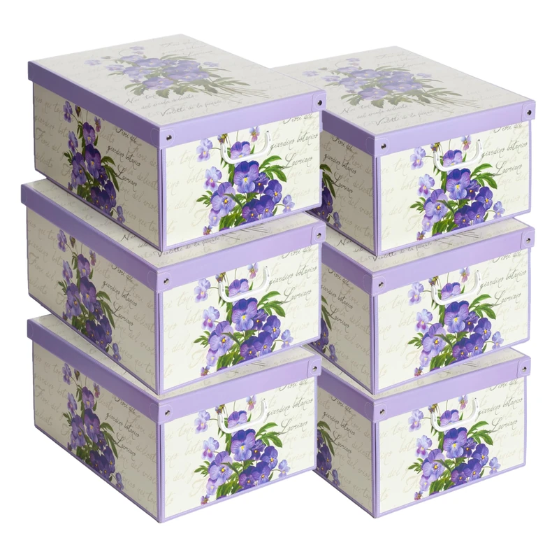 Lavatelli Set of 6 Storage Boxes Violet Scented with Lids & Handles, Cardboard Wardrobe Organisers for Clothes, Stackable Storage Bins 39x50x24 cm