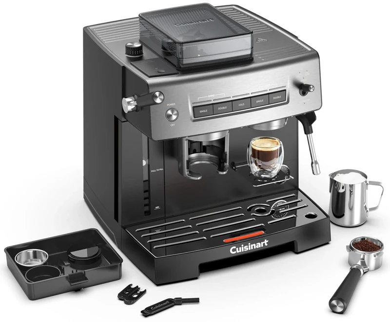 Cuisinart® Grind, Tamp and Brew Espresso Machine | Espresso, Americano, Cold Brew | Integrated milk frother for Lattes and Cappuccino | Bean to cup | Built-In Burr Grinder with 16 Settings, 20-Bar Pre