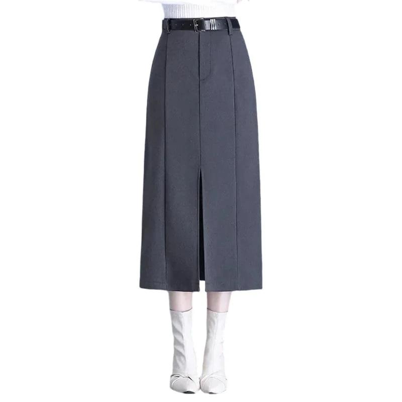 Women's High-Waisted Casual Classic Mini Skirt, Midi Slit Hip-Wrapping Skirt Gray XXXL