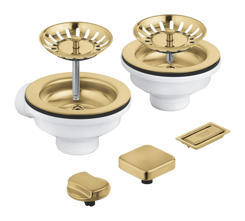 GROHE Waste Set for Two-Bowl Kitchen Sink (1 Pop-Up Waste with 2 Remote Control Knobs: Square & Round, 1 Manual Waste, Overflow Cover and 2 Basket Strainers), Brushed Gold, 40998GN0