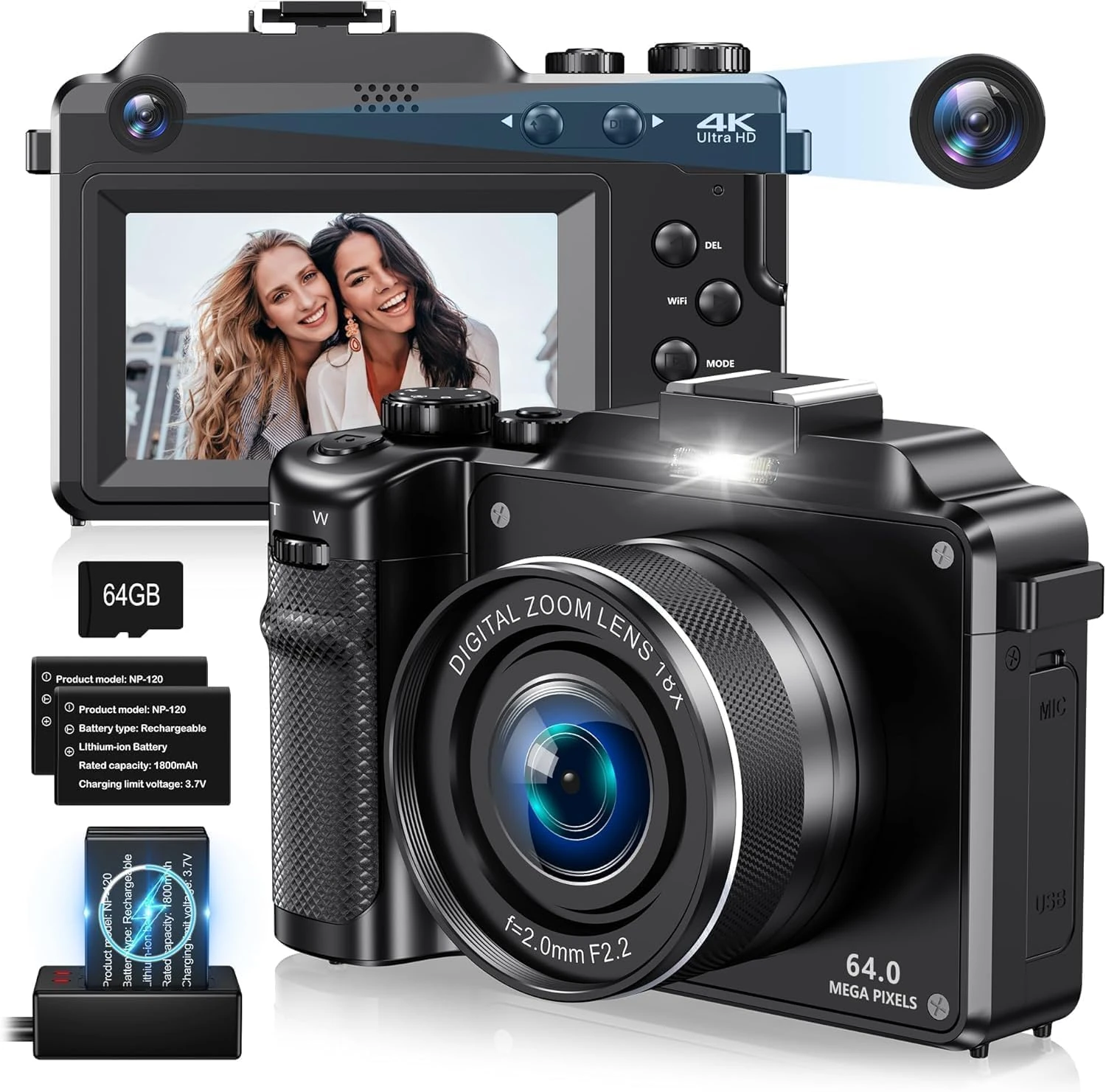 4K Digital Camera for Photography,64MP Vlogging Camera for Youtube,Multi-Filters Travel Video Camera with Auto Focus,18X Zoom,64G TF Cards,2 Batteries for Beginners-Black