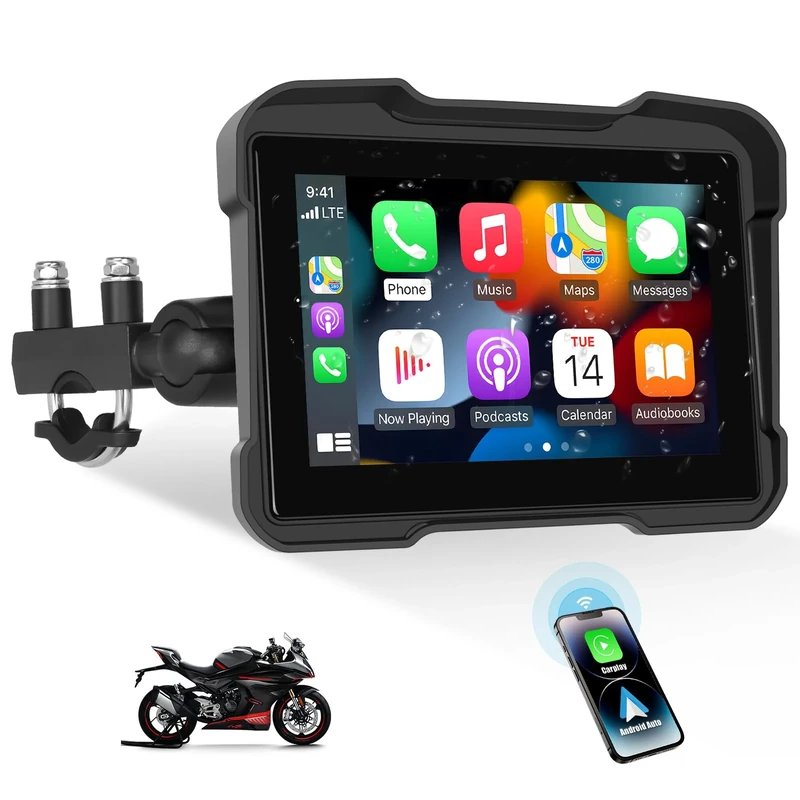 Motorcycle GPS Navigation System with Wireless Carplay Android Auto 5" Moto CarPlay Screen with Dual Bluetooth, Navigation/Siri/G00gle Assistant Waterproof