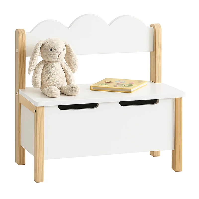 Relaxdays children's bench with storage, lid, backrest, HWD: 60 x 60 x 25 cm, kids' bench, playroom, white/natural - Image 1