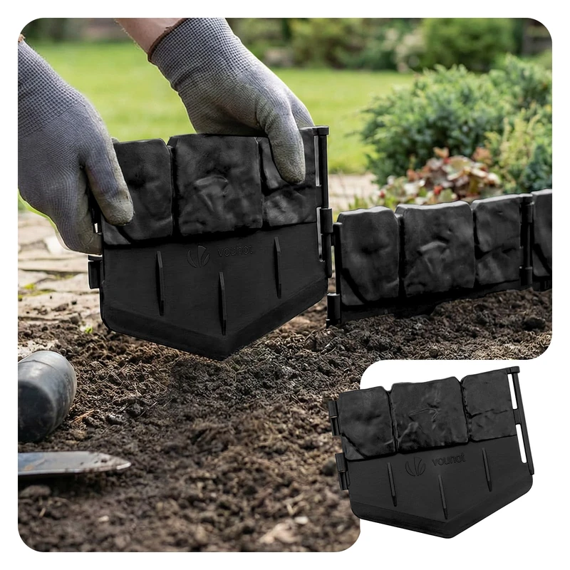 VOUNOT® Lawn Edgnig Border 21.4m, Stone Effect Plastic Garden Edging, No-Dig Decorative Lawn Border for Paths, Lawns & Flower Beds, Set of 140, Black