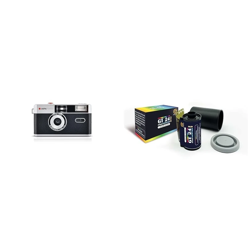 AgfaPhoto - Reusable Analog Camera - Black + GT PHOTO Color Retro Film 35mm - 24 Exposures